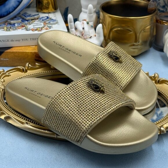 🆕 KURT GEIGER LONDON 🧿 NWOB Meena Eagle Gold Crystal Studded Slide, Sz US 7.5 - Picture 7 of 12